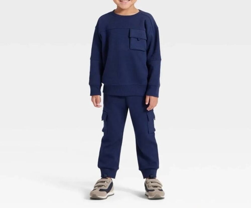 Cat & Jack Sweatsuit Boys 12M 2-piece Navy Blue Cargo Joggers Pull On NWT